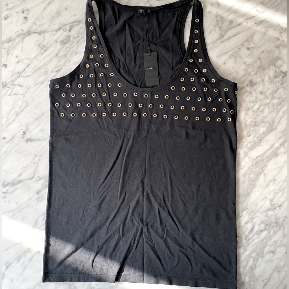 NWT JOSEPH Womens Black Racer-back Tank Top with Gold Grommets size M.